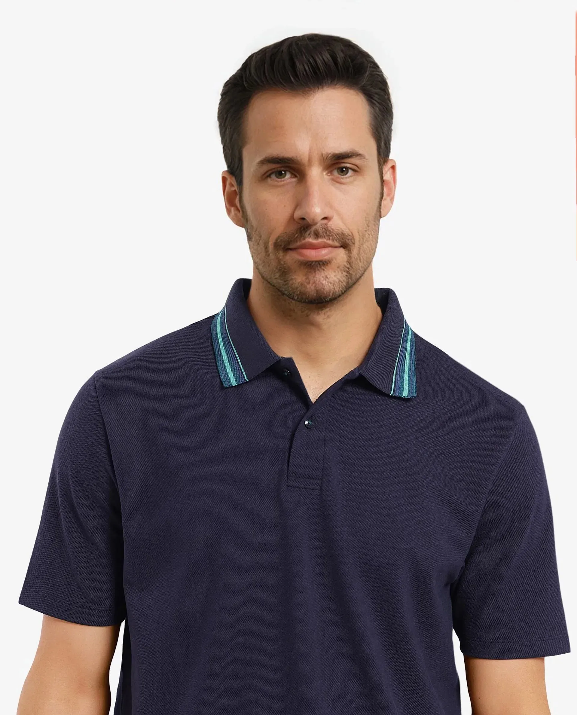 Rare Rabbit Men Clark Dark Navy Cotton Fabric Contrasting Collar Short Sleeve Button Closure Plain Polo