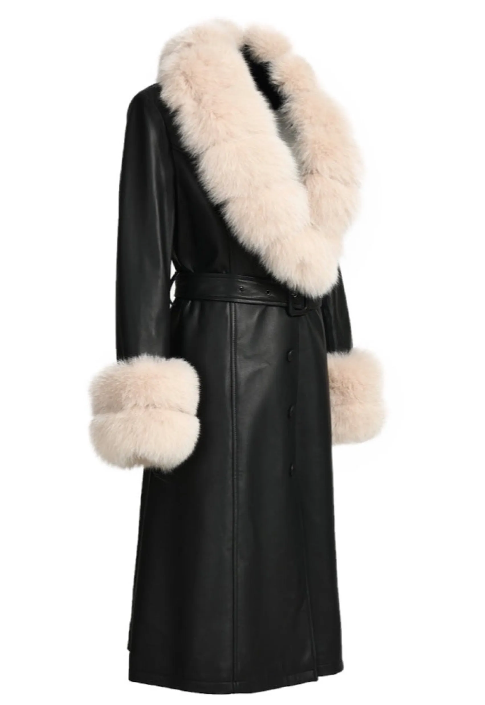 REEVA Black Leather Trench Coat with Beige Fox Fur