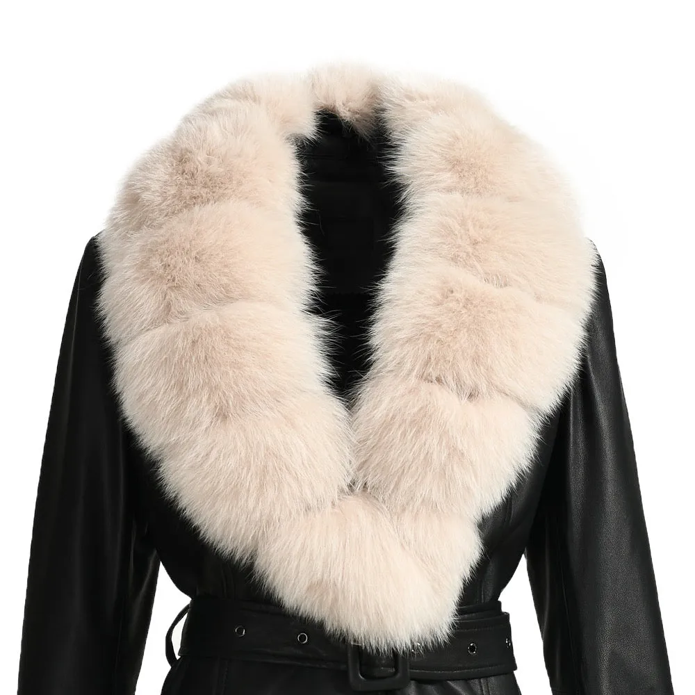 REEVA Black Leather Trench Coat with Beige Fox Fur