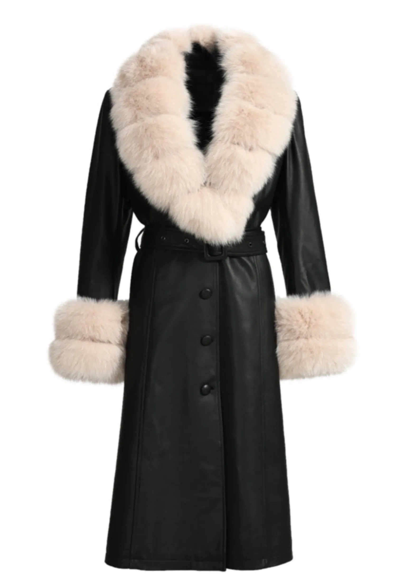 REEVA Black Leather Trench Coat with Beige Fox Fur