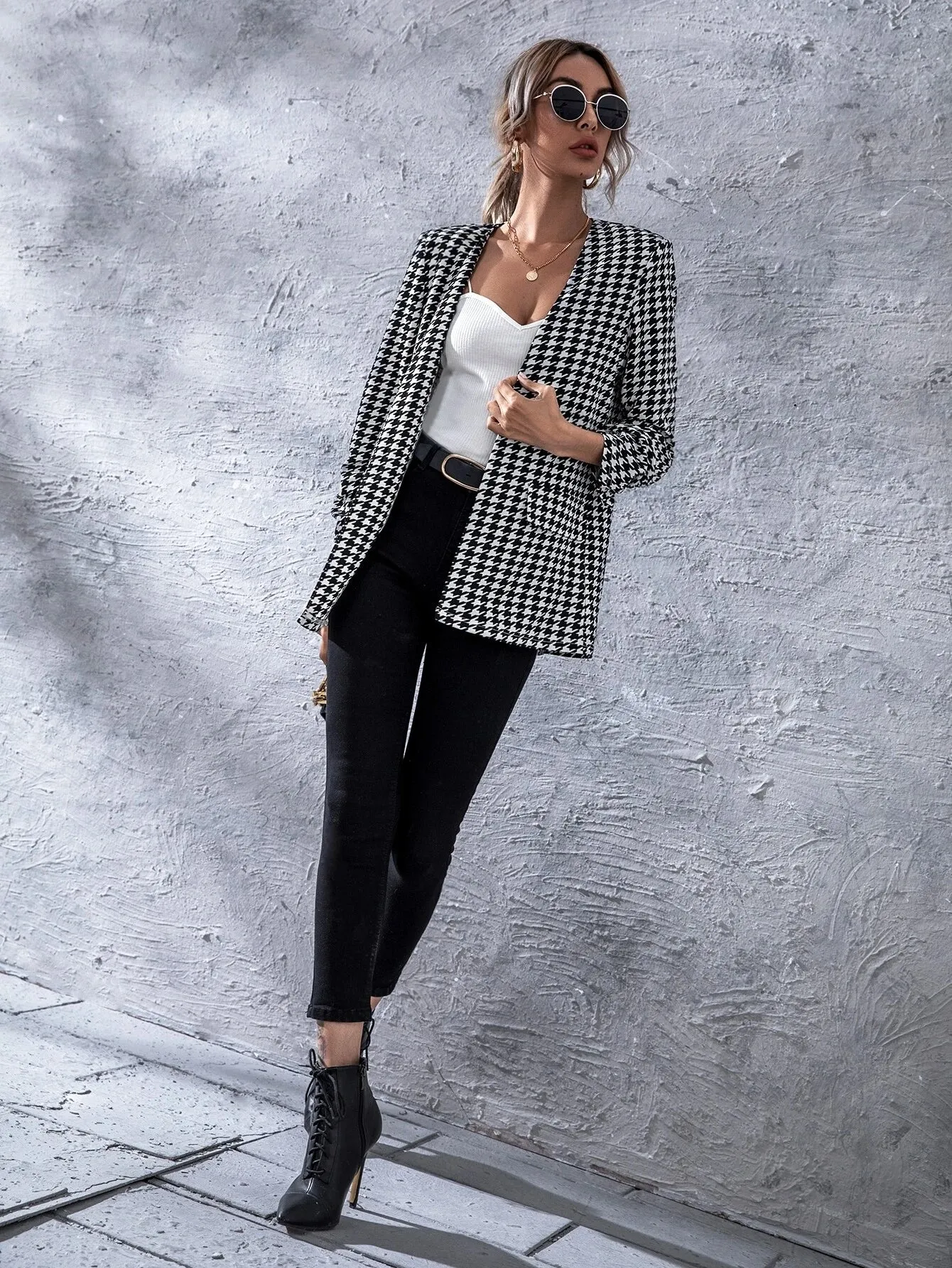 SHEIN Unity Open Front Houndstooth Blazer