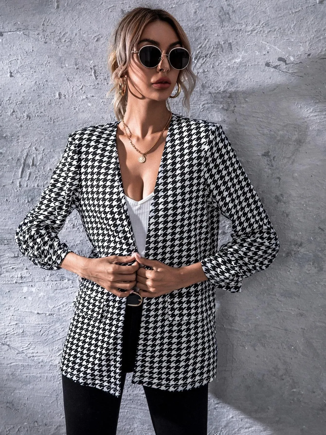 SHEIN Unity Open Front Houndstooth Blazer