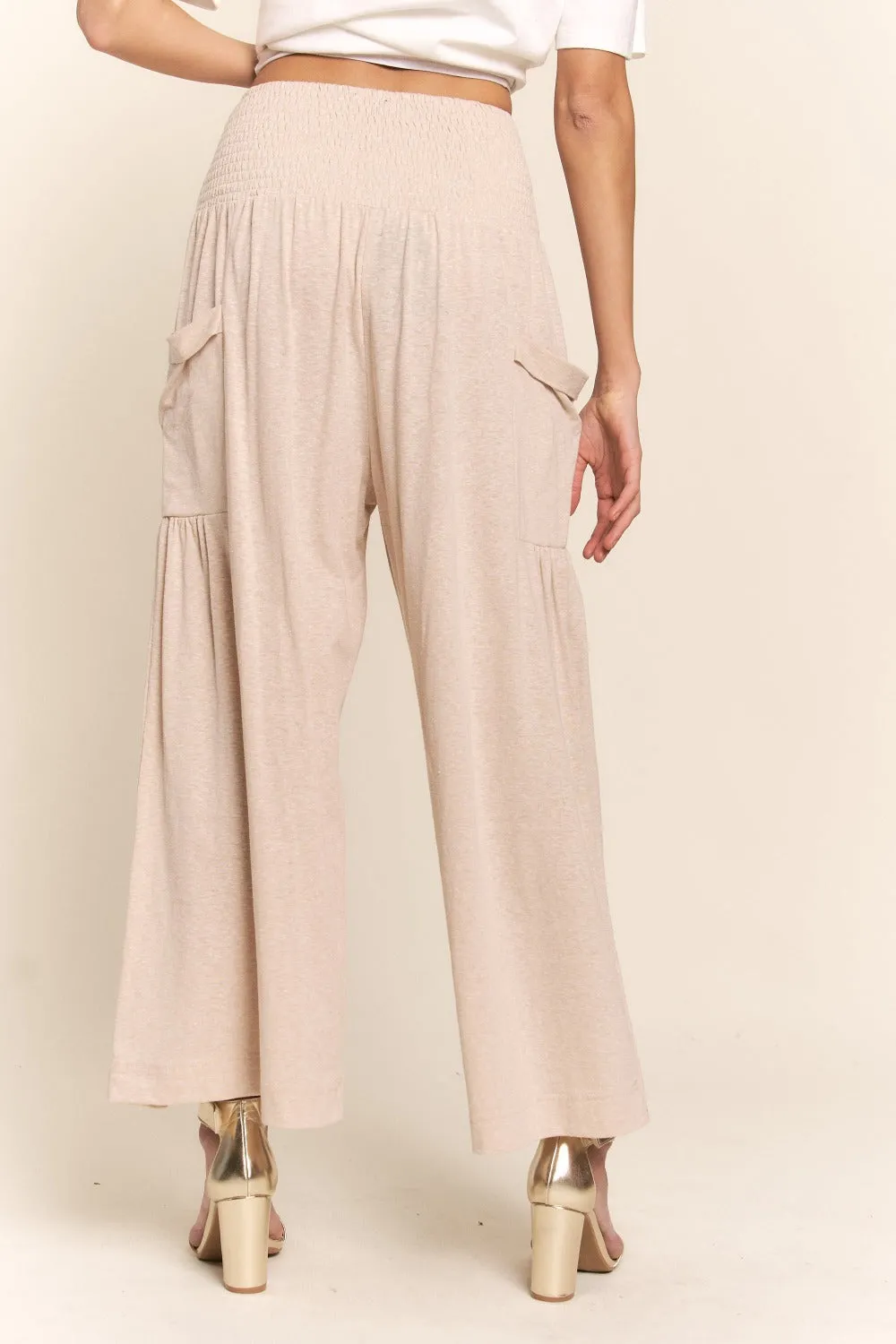 Smocked Waist Boho Wide Leg Pants with Pockets