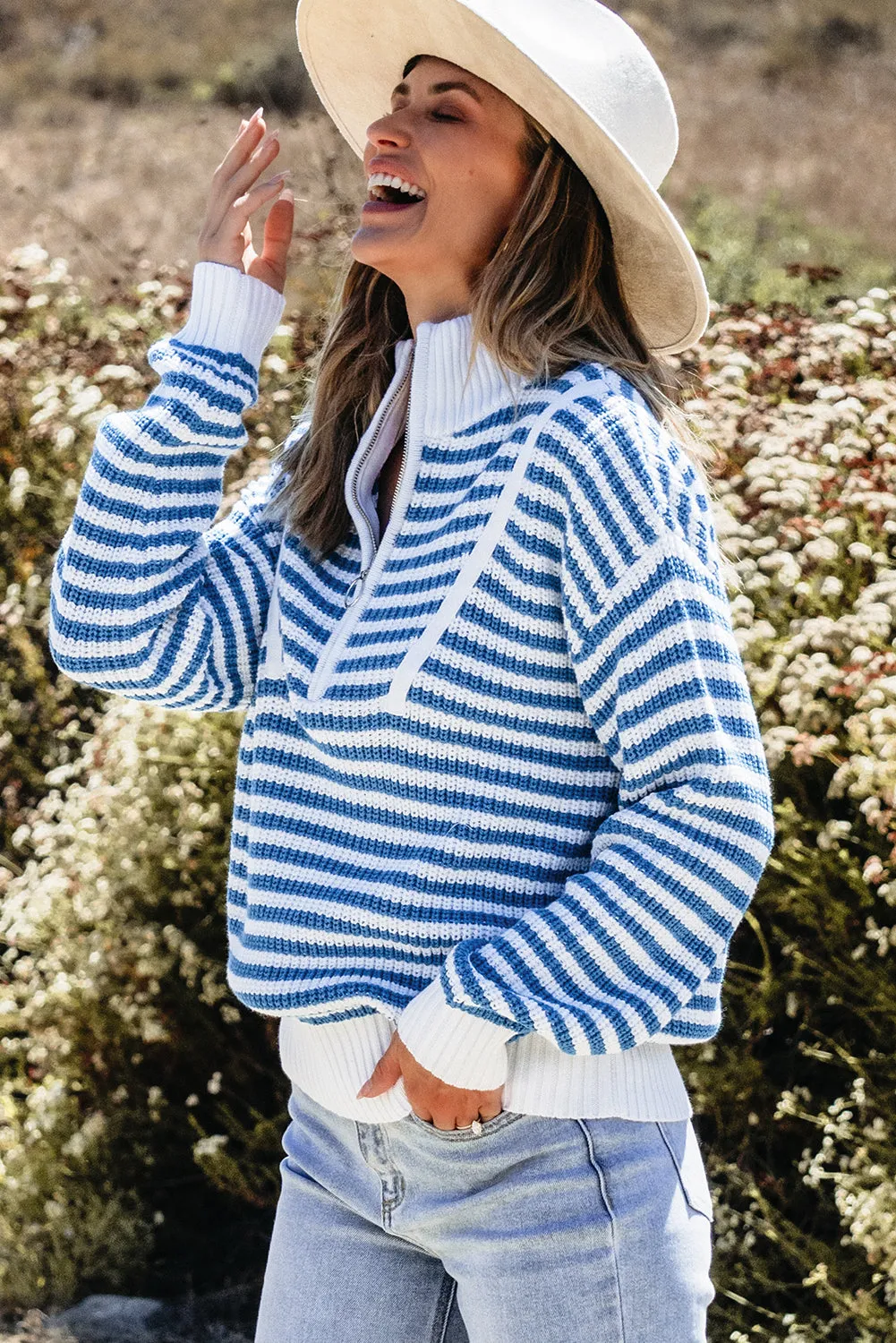 Stripe Zipper Collar Sweater