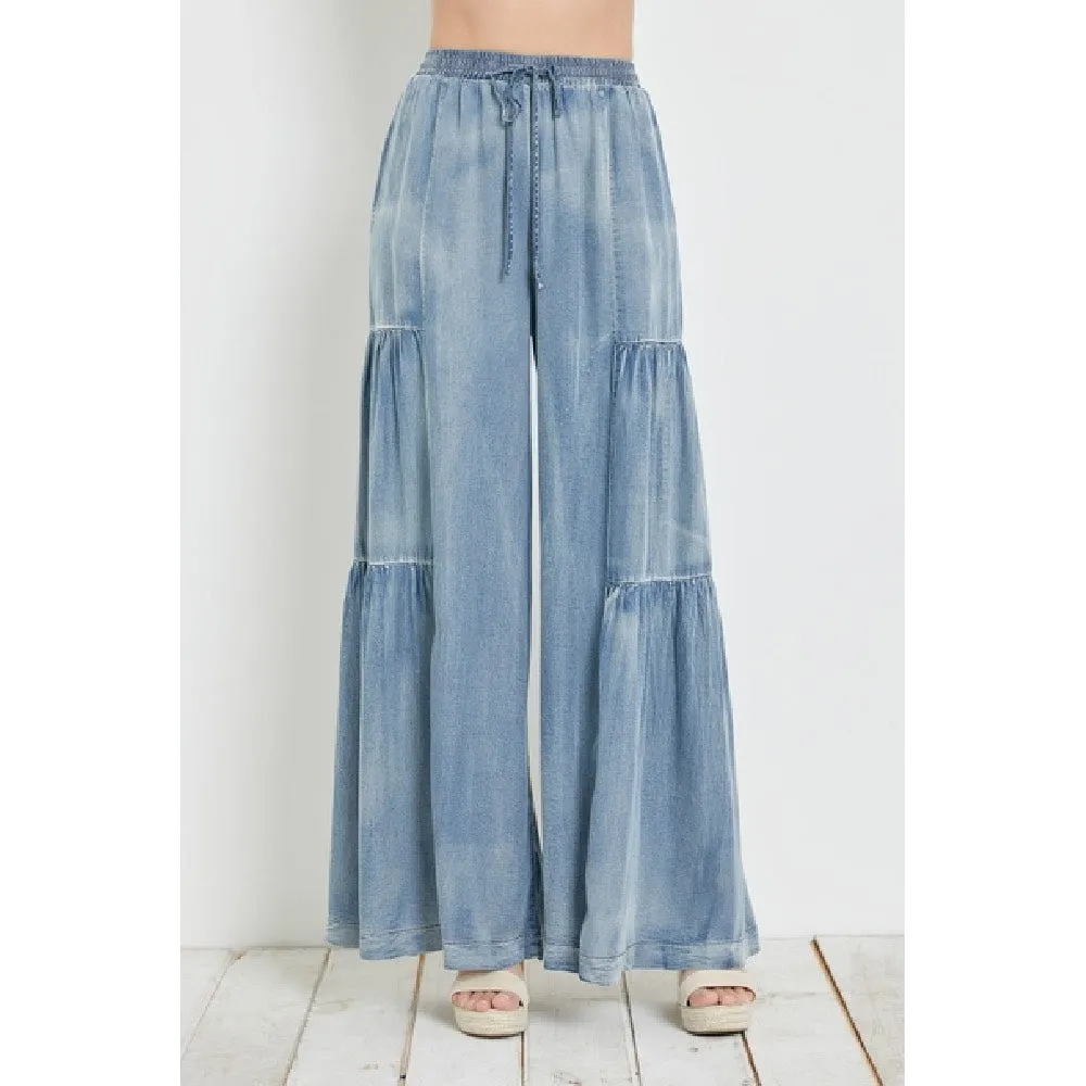 Tencel Ruffled Side Denim Wide Pants