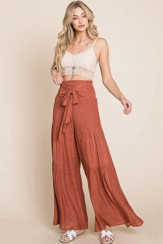 Tie front ruched waist back pants