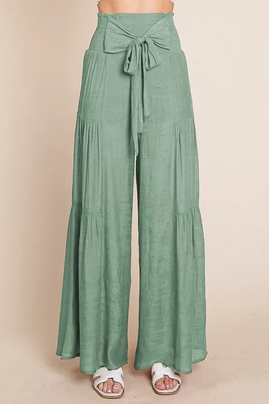 Tie front ruched waist back pants