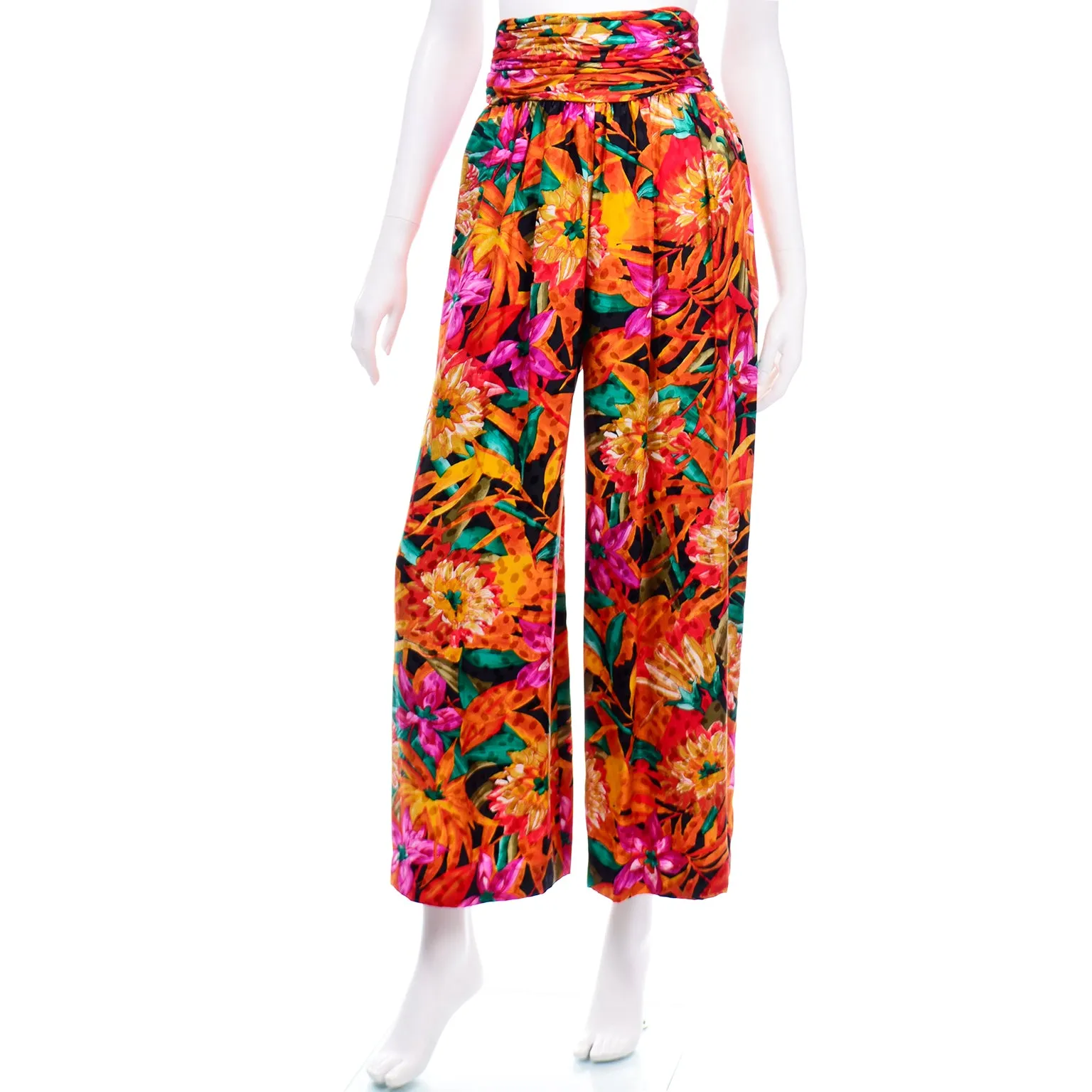 Vintage Bob Mackie Floral Silk High Waisted Wide Leg Pants