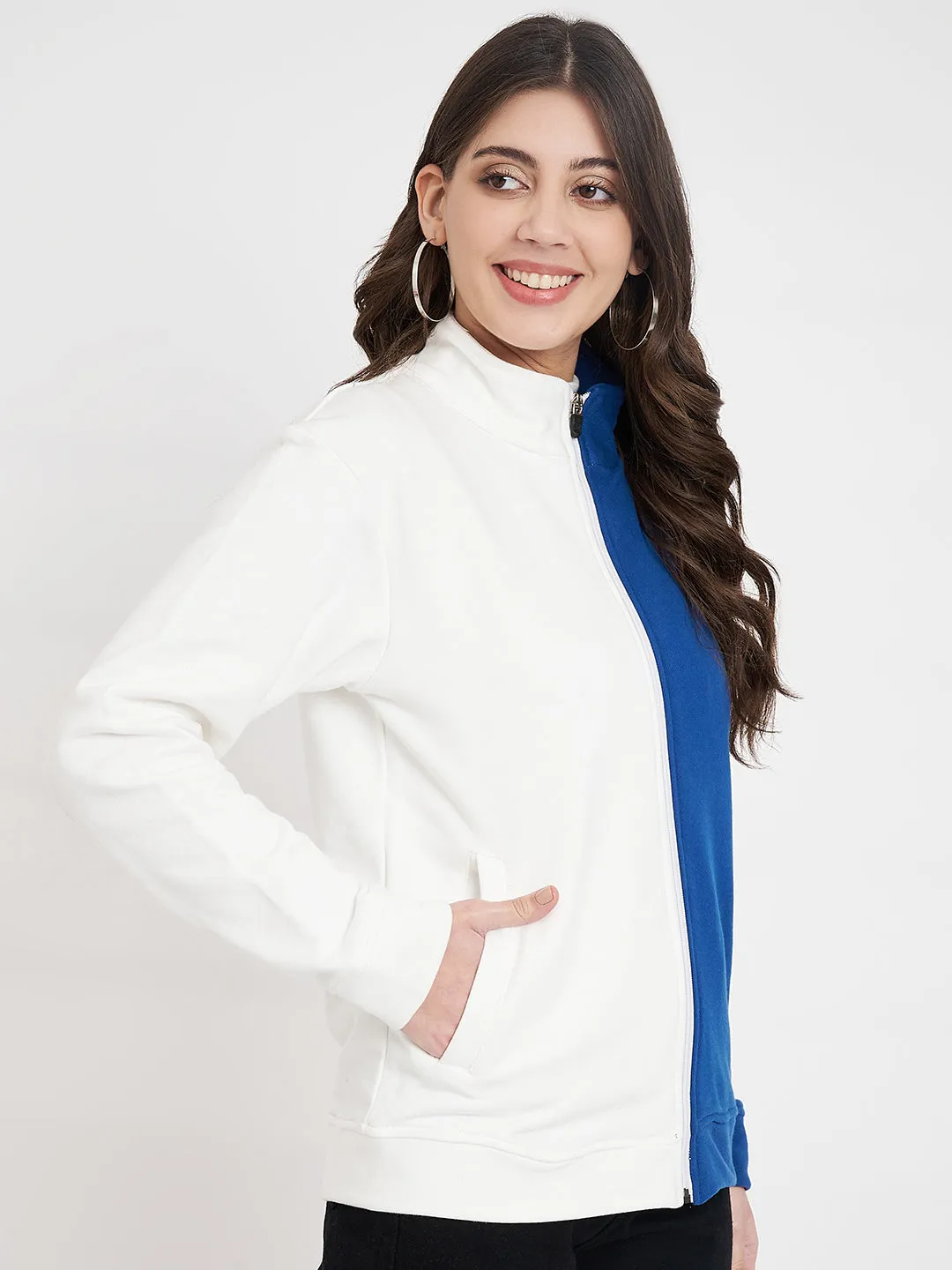 Women Colourblocked Mock Collar Blue Bomber Jacket