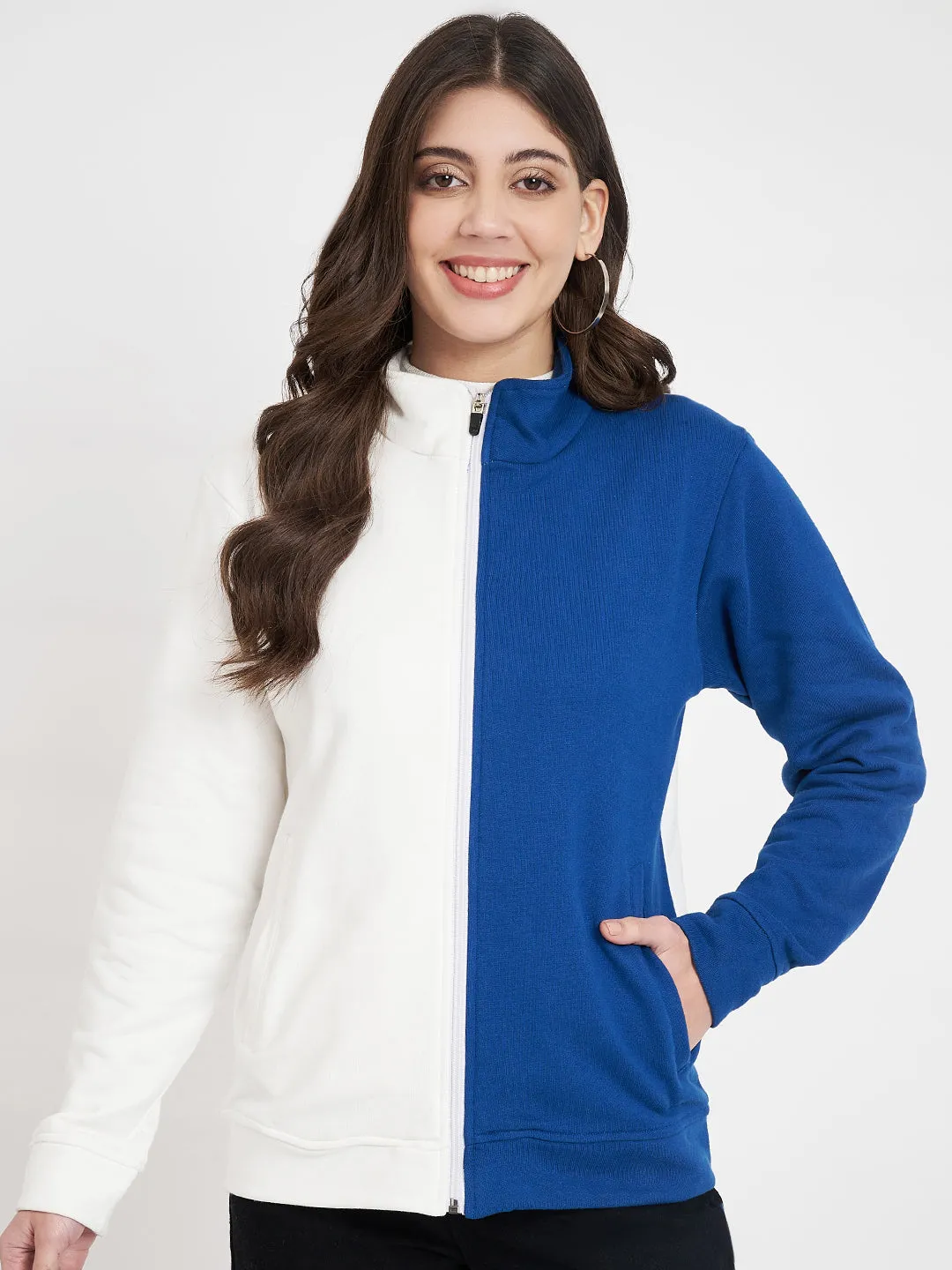 Women Colourblocked Mock Collar Blue Bomber Jacket