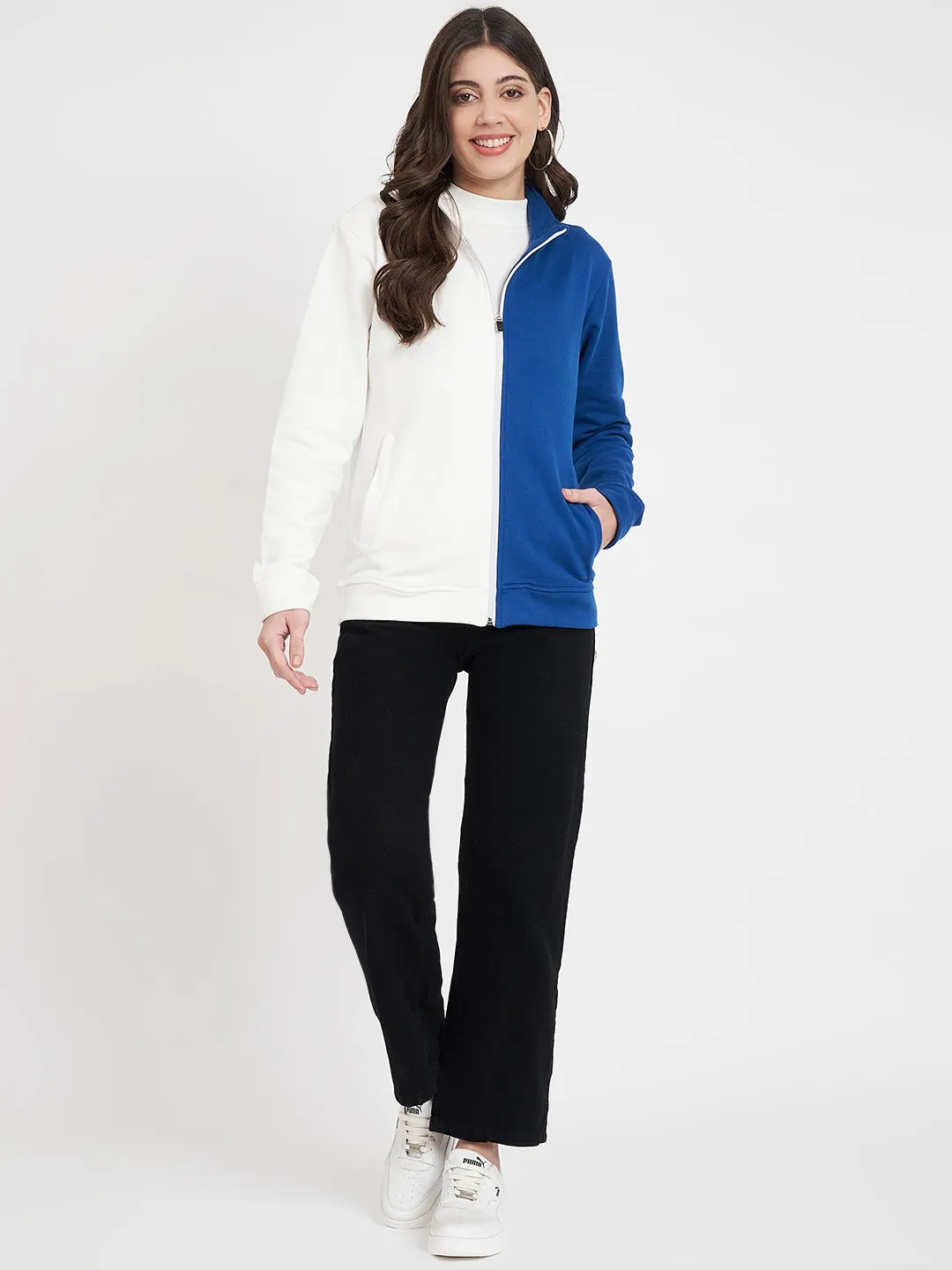 Women Colourblocked Mock Collar Blue Bomber Jacket