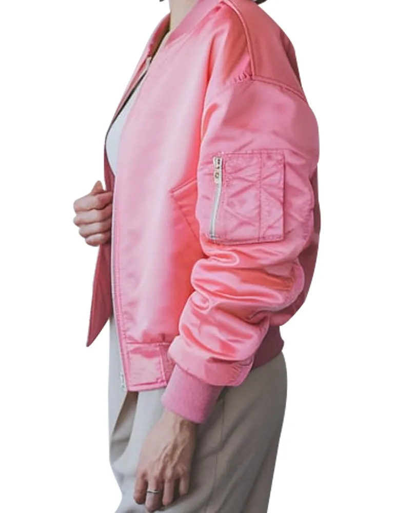 Women Vibrant Pink Satin Bomber Jacket