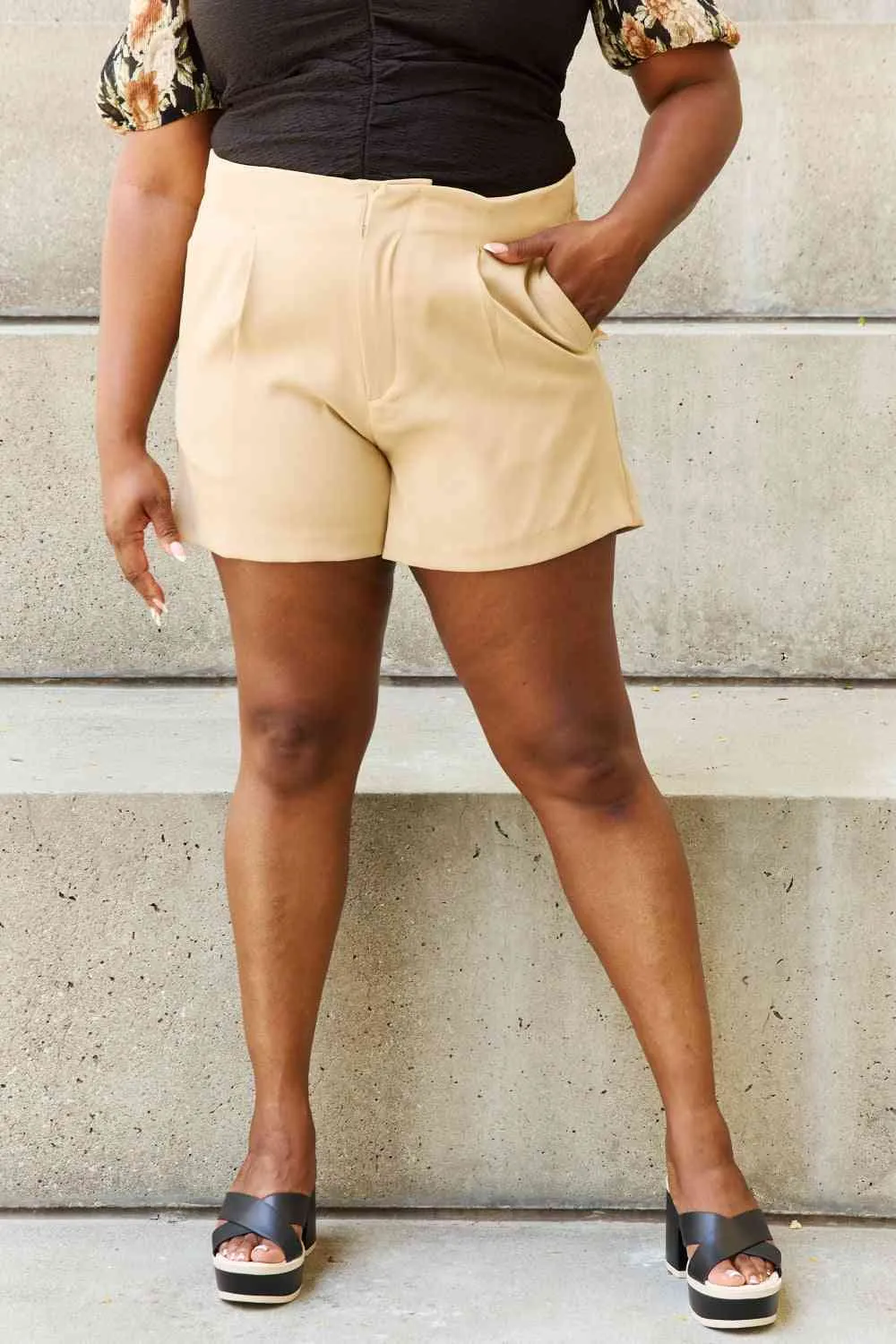 Women's And The Why Every Little Thing Full Size Pleated High Waisted Shorts in Sand