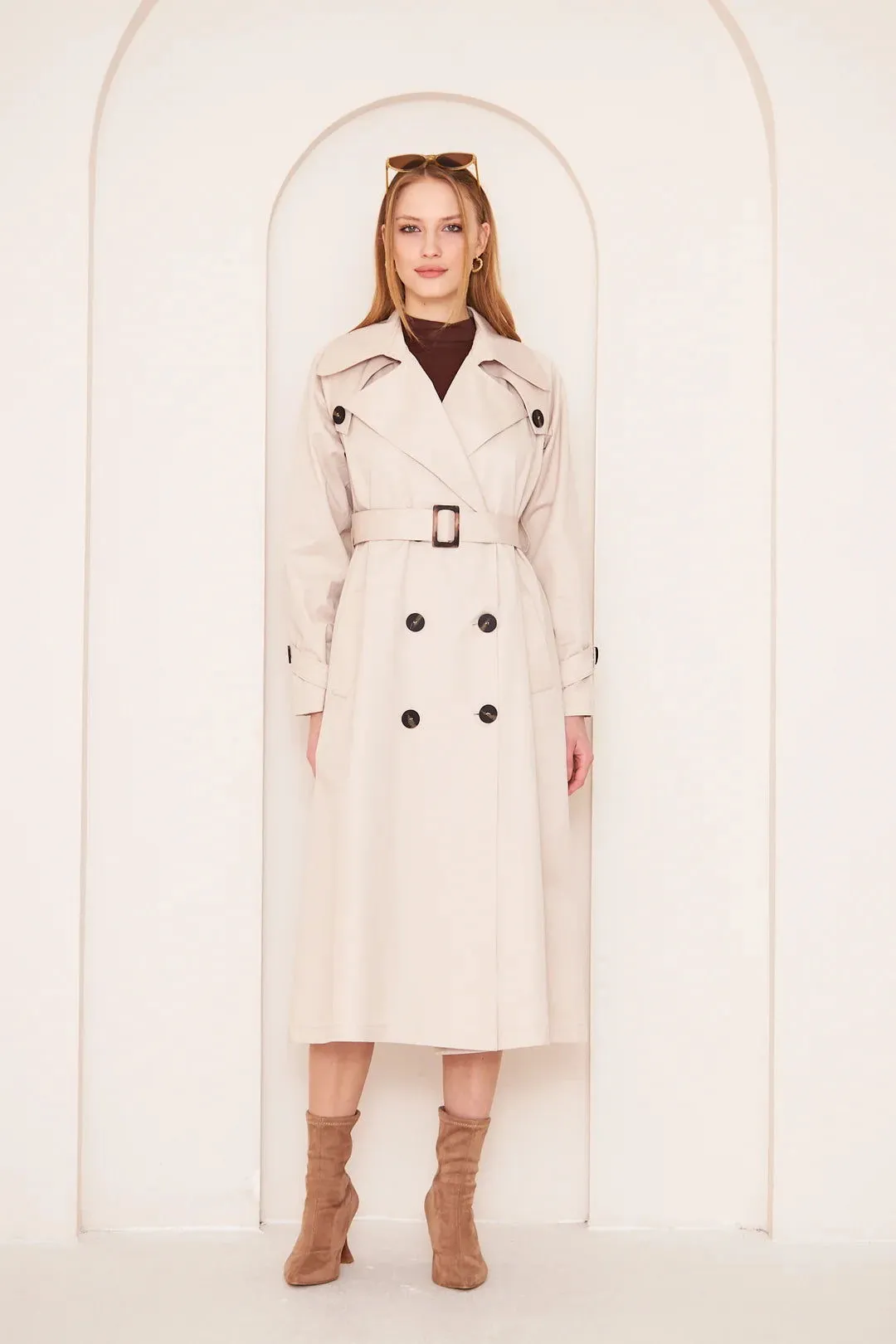 Women's Long Trench Coat with Button Detail - Stone - SCB-W12397