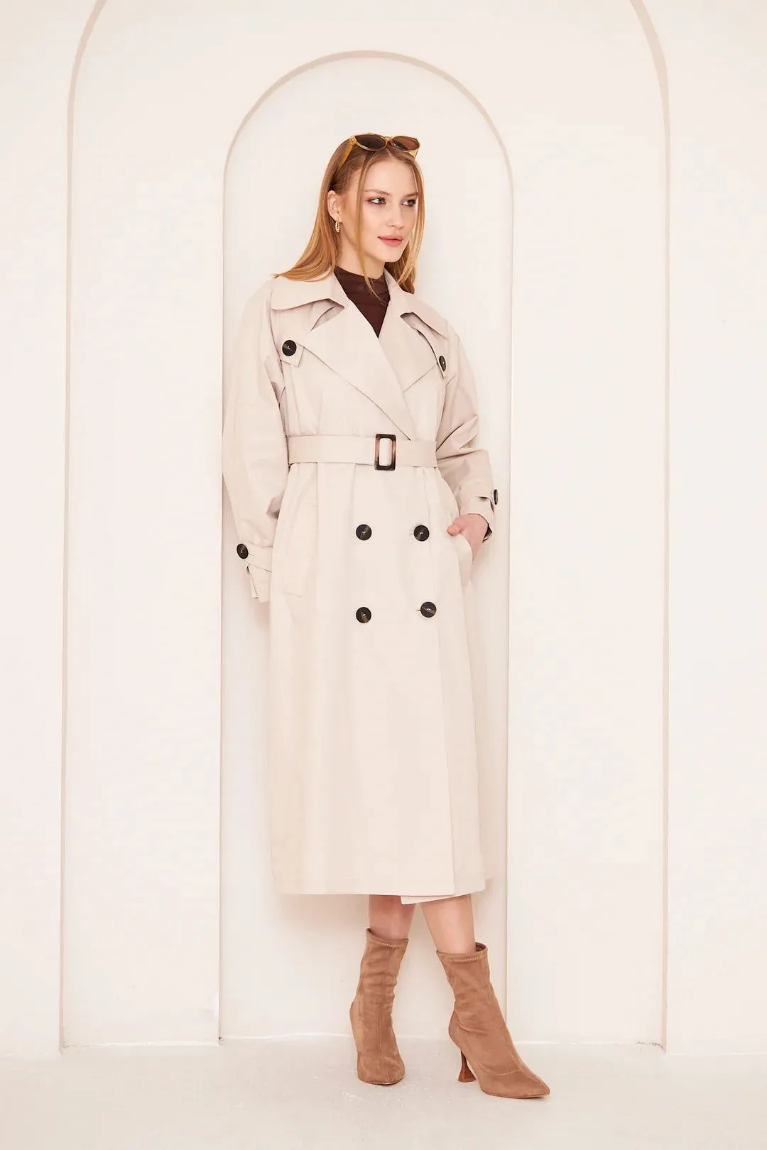 Women's Long Trench Coat with Button Detail - Stone - SCB-W12397