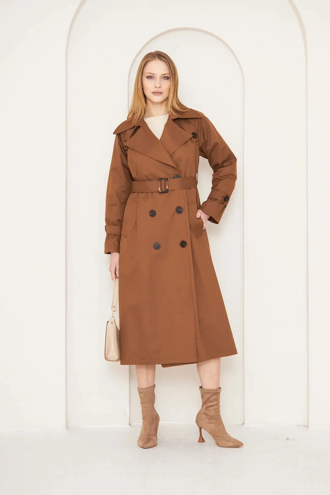 Women's Long Trench Coat with Button Detail - Tan - SCB-W12399