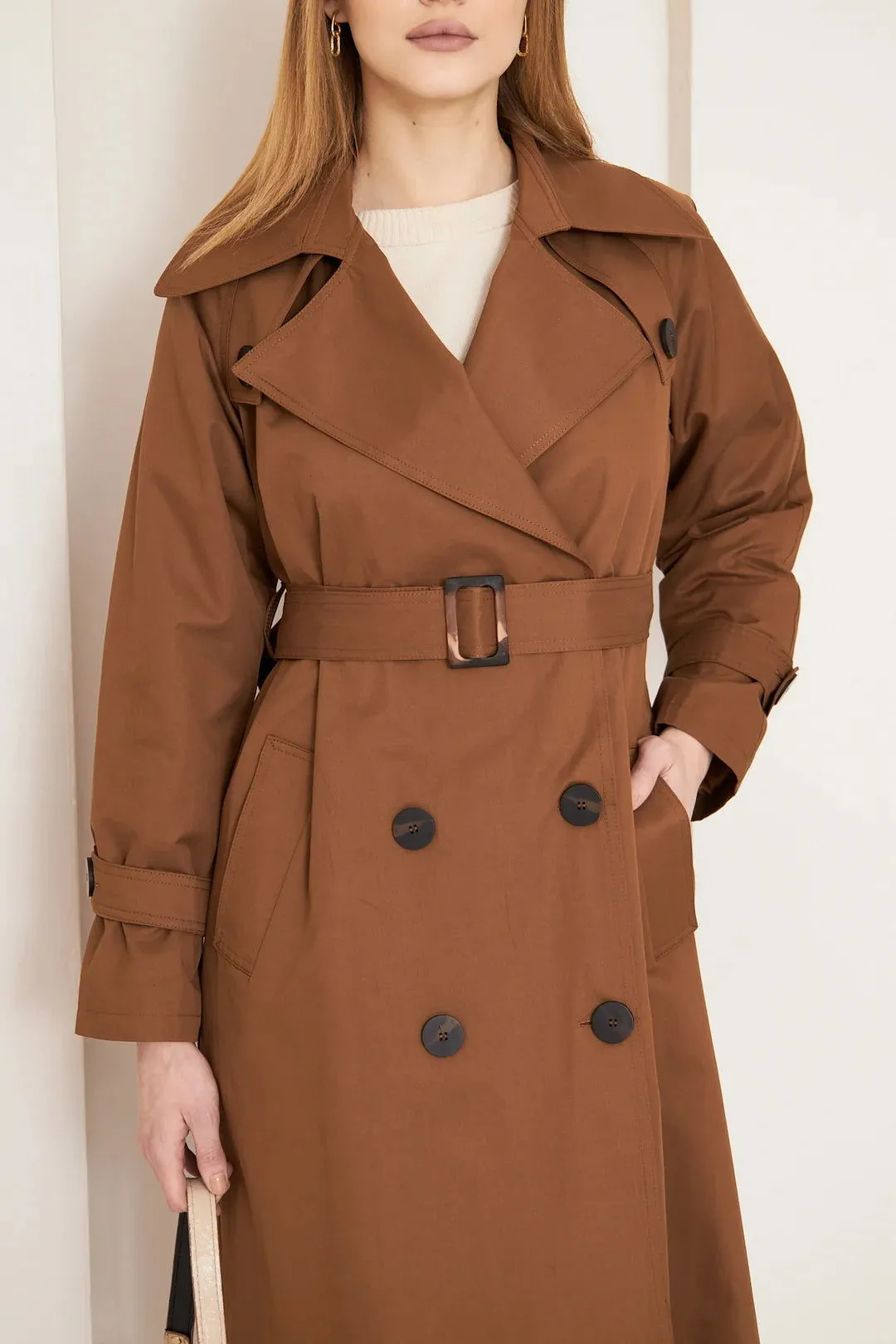 Women's Long Trench Coat with Button Detail - Tan - SCB-W12399