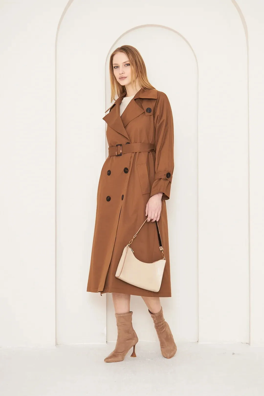 Women's Long Trench Coat with Button Detail - Tan - SCB-W12399