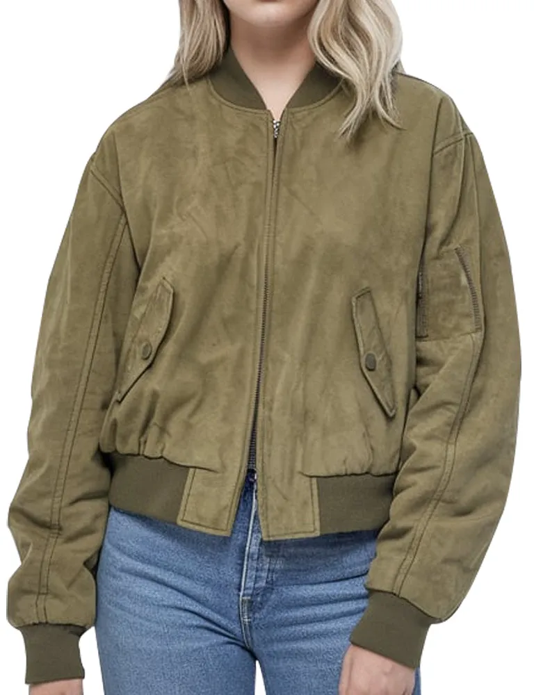 Women's Olive Green Suede Bomber Jacket