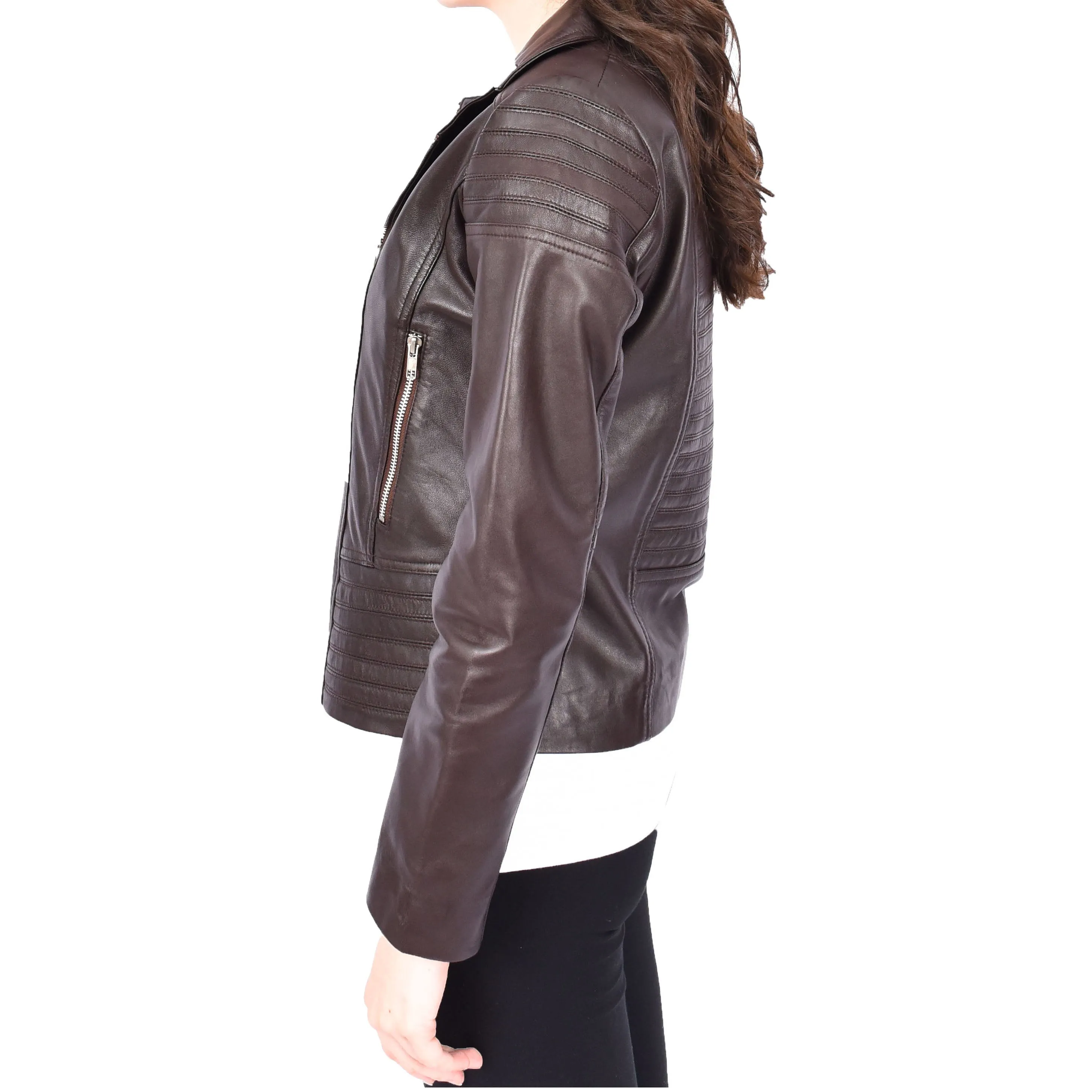 Womens Real Leather Biker Jackets Casual Fashion Outerwear Sonya Brown